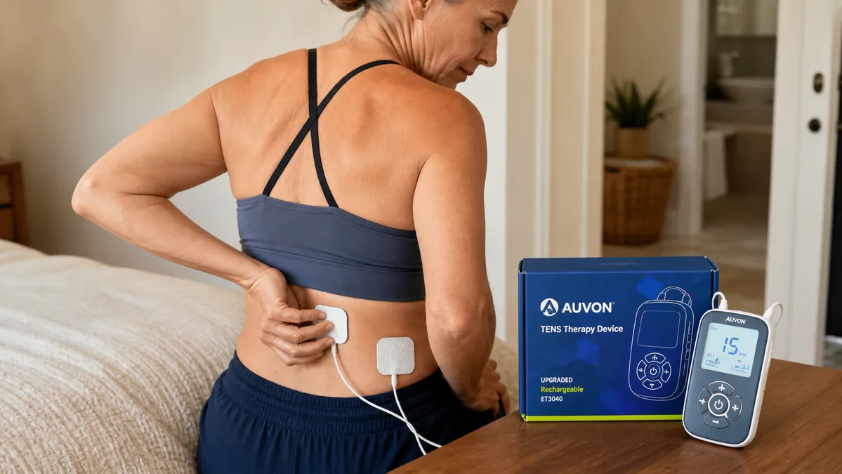 An older adult's hand pressing a sticky electrode pad onto the lower back through a shirt