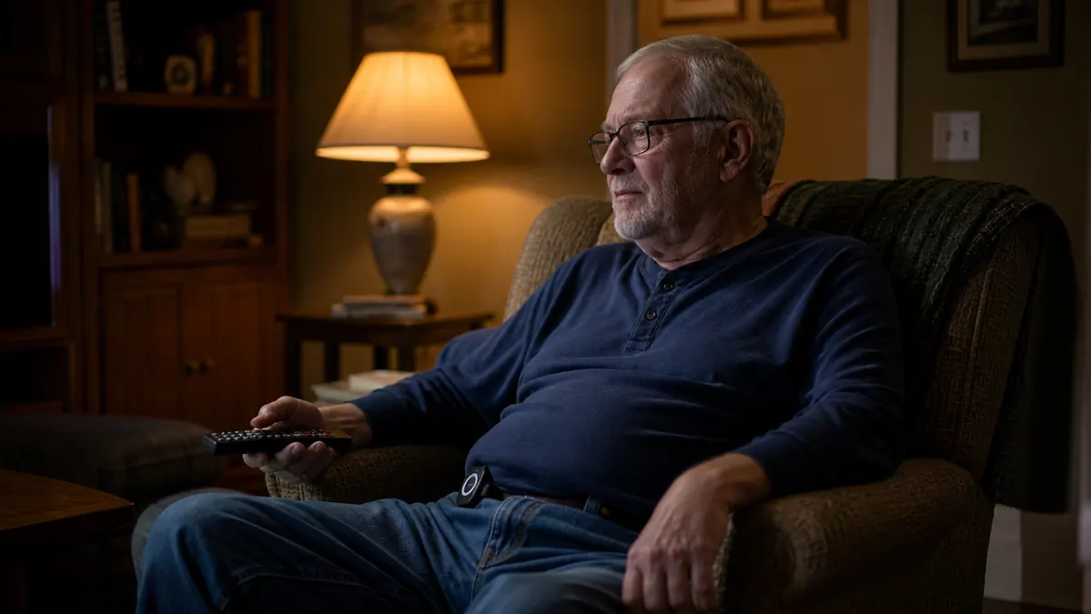 An older person relaxing in an armchair reading while a small device sits clipped to their waistband