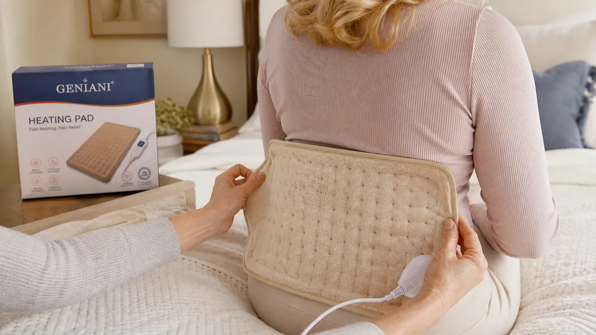 A close view of a hand smoothing a soft beige electric heating pad over a person's lower back while they sit on the bed