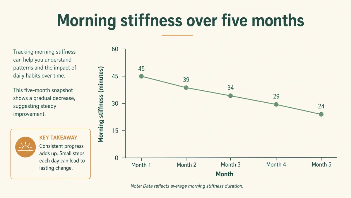 A simple chart showing a morning stiffness score falling gently over five months of daily heat use