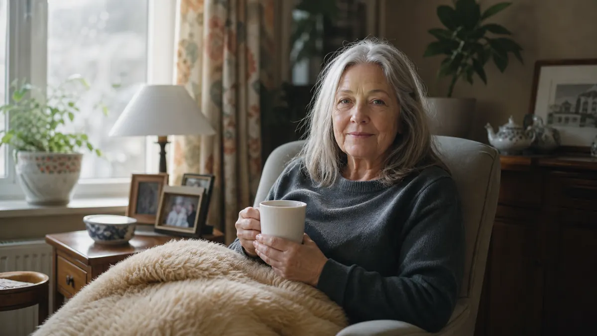 An older woman sitting comfortably in an armchair with a warm cloth draped over her knees, holding a mug, morning light in the room