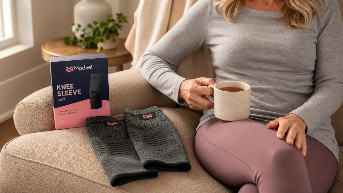 A pair of gray knee compression sleeves laid out on a fabric chair cushion next to a cup of tea