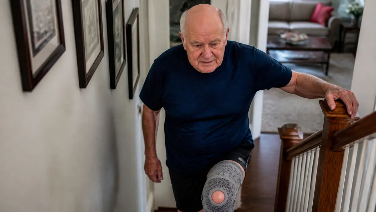 An older man holding a stair railing while stepping up one stair at a time, a compression sleeve visible on his knee