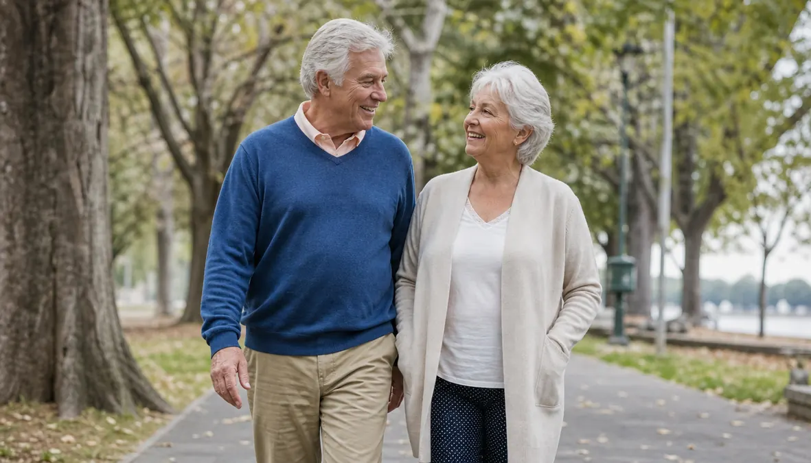 An older couple taking a slow comfortable walk outdoors on a flat path after a stretching session