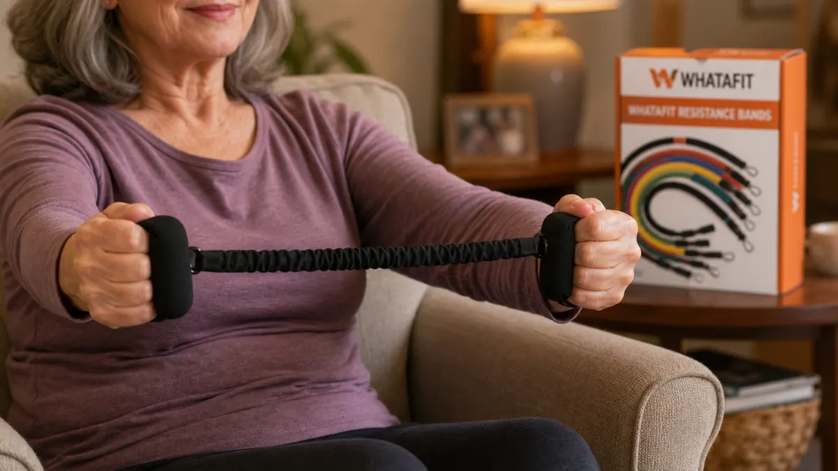 Close view of a hand with arthritis holding a padded band handle during a seated pull