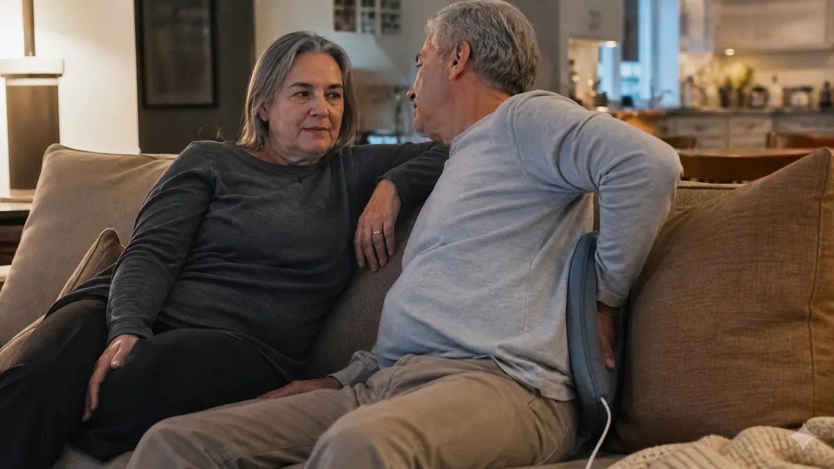 An older couple sitting together on a sofa, one resting a heating pad on their lower back while watching television