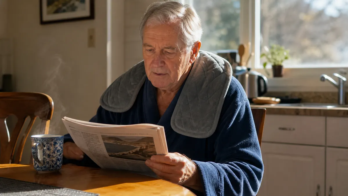 An older man in a robe sitting at the kitchen table, a heating pad draped over his shoulders while he reads the newspaper