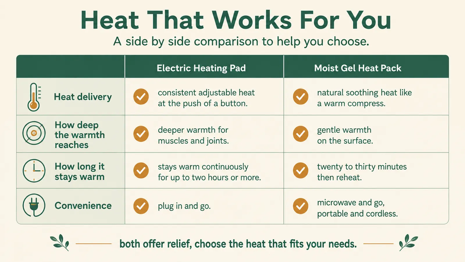 A simple comparison chart titled Heating Pad vs Moist Heat Pack listing how heat is delivered, warmth depth, and convenience with checkmarks