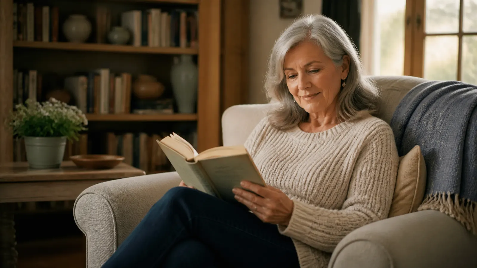 An older woman resting in a comfortable armchair in warm morning light, a heating pad across her shoulder