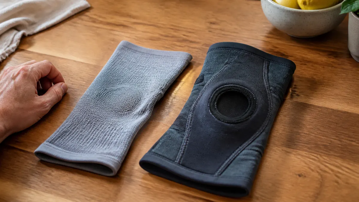Two different knee sleeves laid side by side, one lighter and stretchy, one darker and firmer, on a table