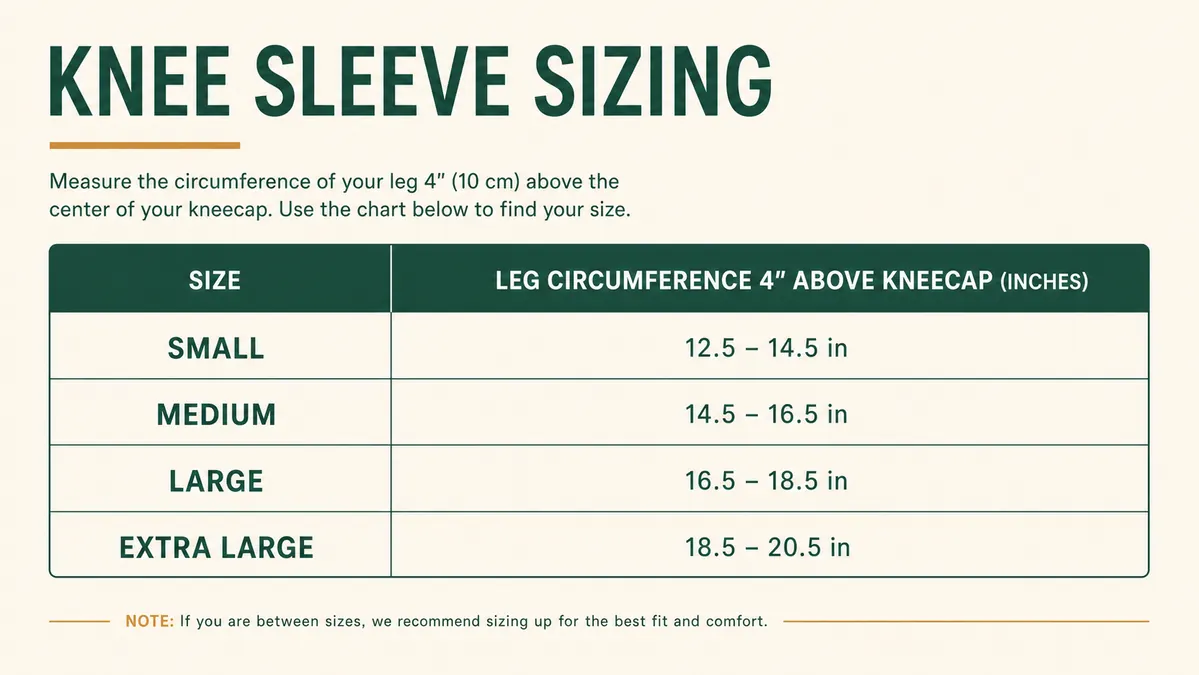 A simple chart comparing sleeve fit by knee circumference with recommended sizes listed