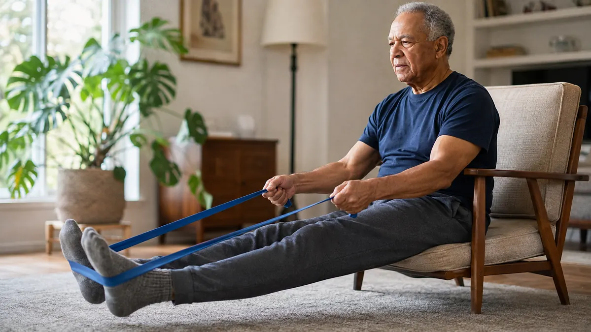 Older man sitting at the edge of his chair stretching both legs out straight in front, holding a resistance band looped around his feet