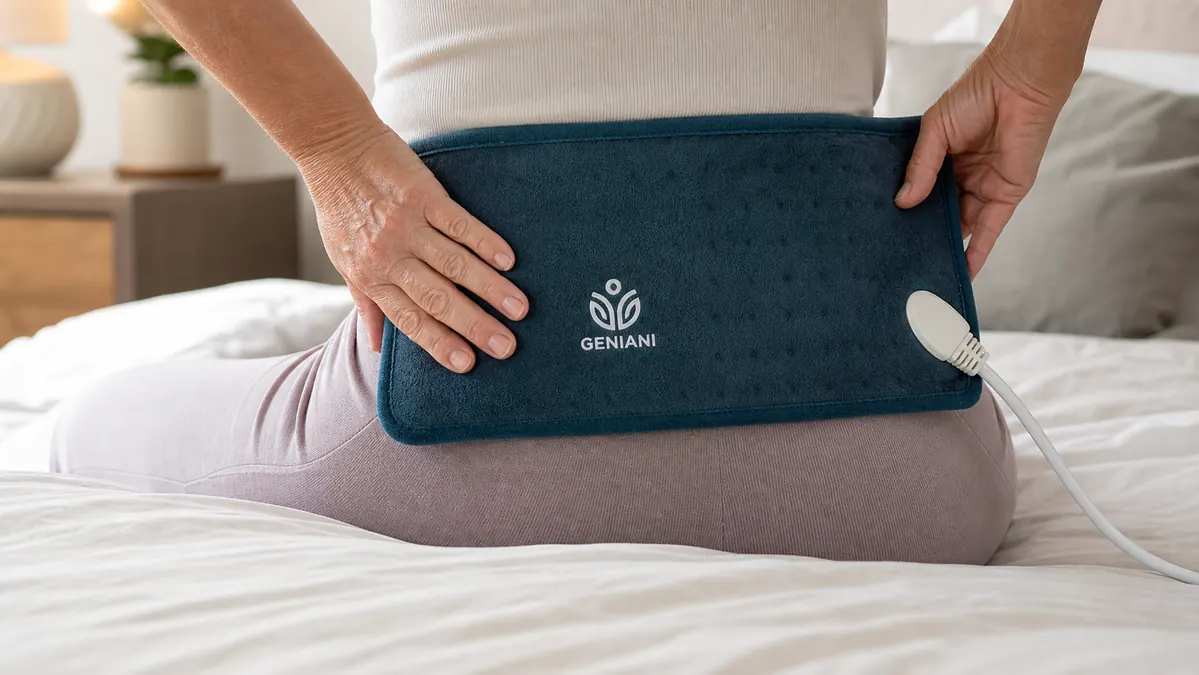 Hands adjusting a rectangular electric heating pad across the lower back while sitting on the edge of a bed