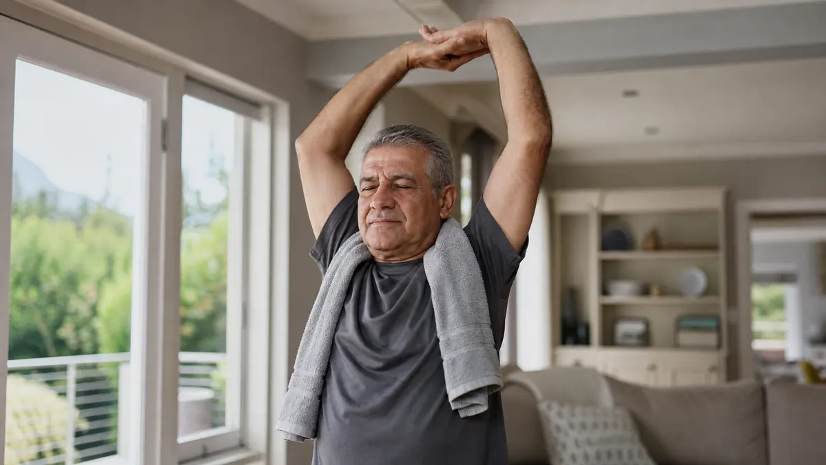 Older man gently stretching his shoulders and arms right after using a heating pad, standing in his living room