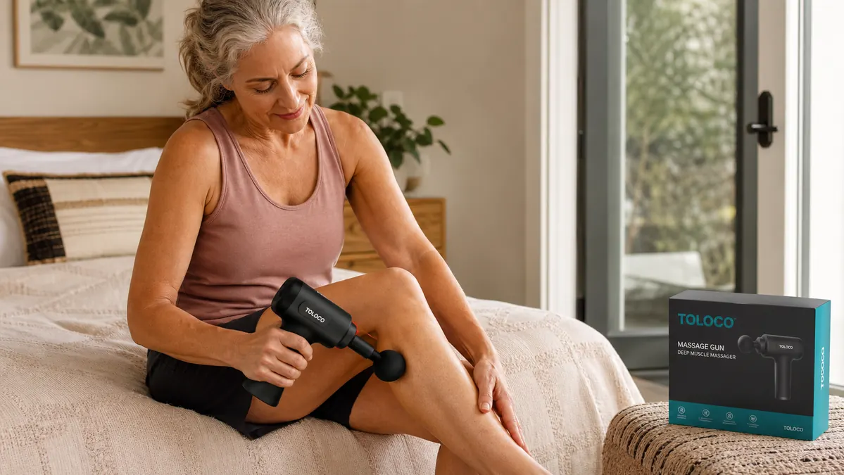 A hand holding a percussion massager against a calf muscle while the person sits on the edge of a bed