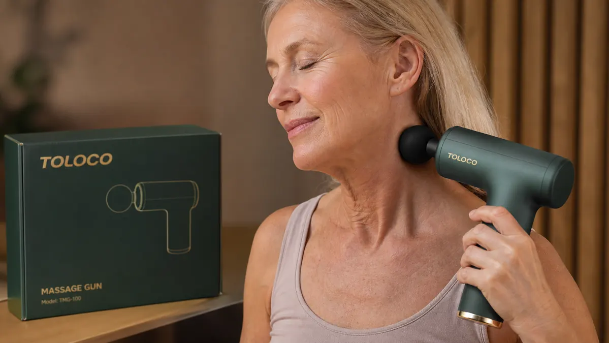 A rounded massage gun head pressed to the base of the skull on the back of the neck