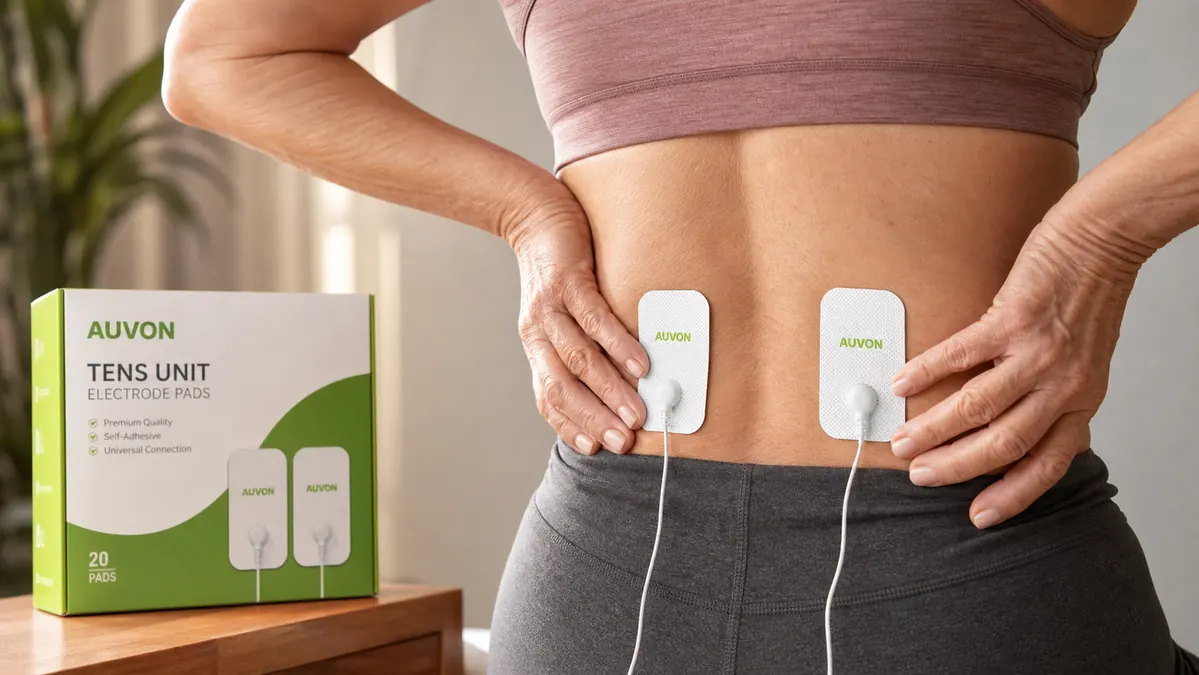 Close up of a hand placing two flat white electrode pads onto the lower back below the waistline, pads spaced a few inches apart on either side of the spine