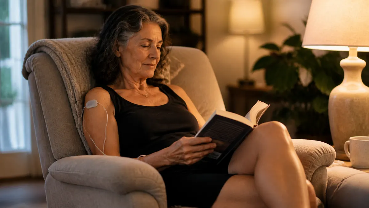 An older woman in a comfy chair reading a book while a TENS unit runs, a small timer visible on the coffee table