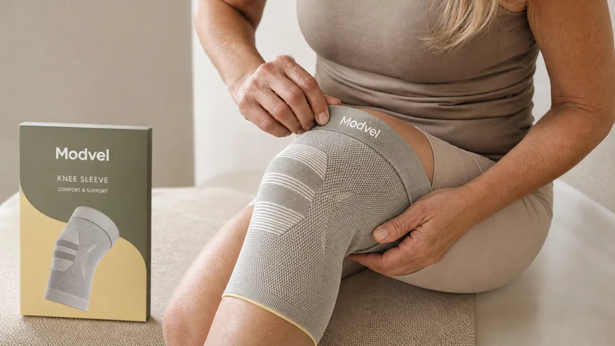 A close view of a hand smoothing a compression sleeve so the knit lies flat at the back of the knee