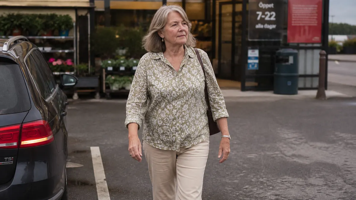 A woman in a grocery store parking lot standing upright and walking toward the store without holding onto the car door