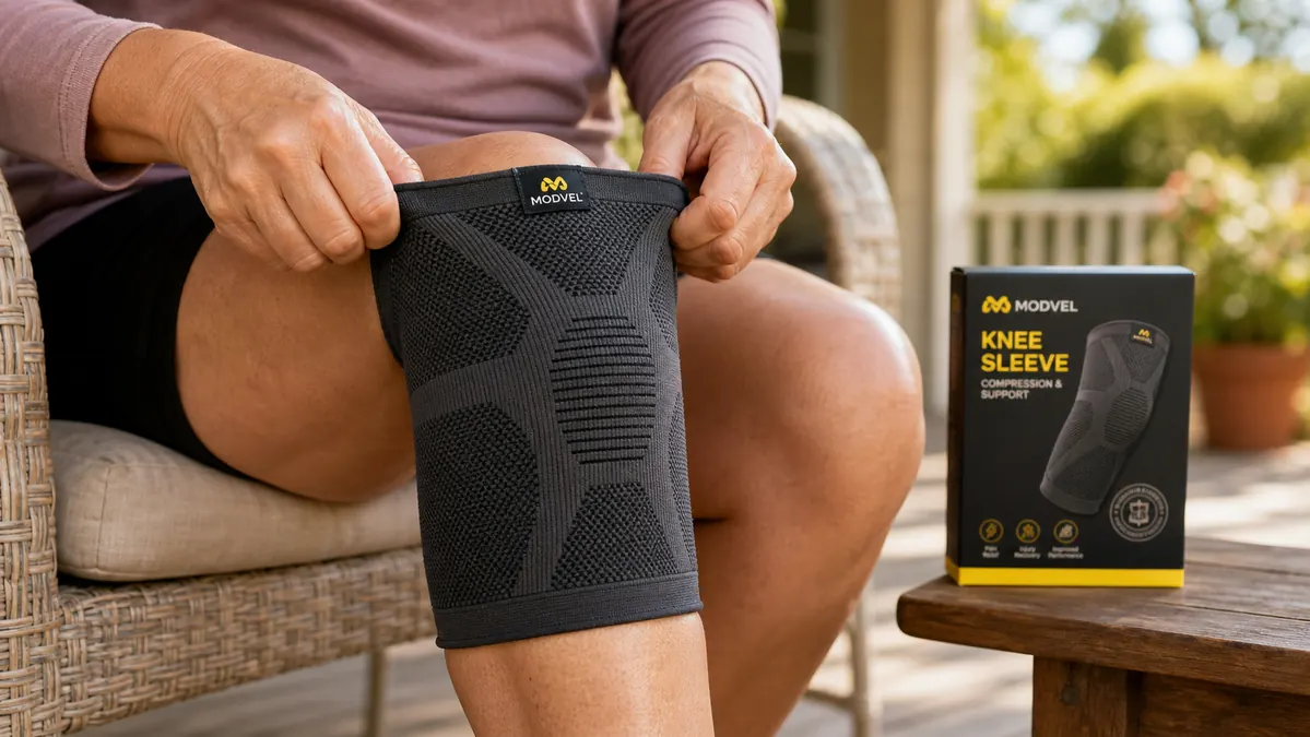 A close view of a hand sliding a charcoal compression sleeve over a knee with the other hand holding it in place, seated outdoors on a porch