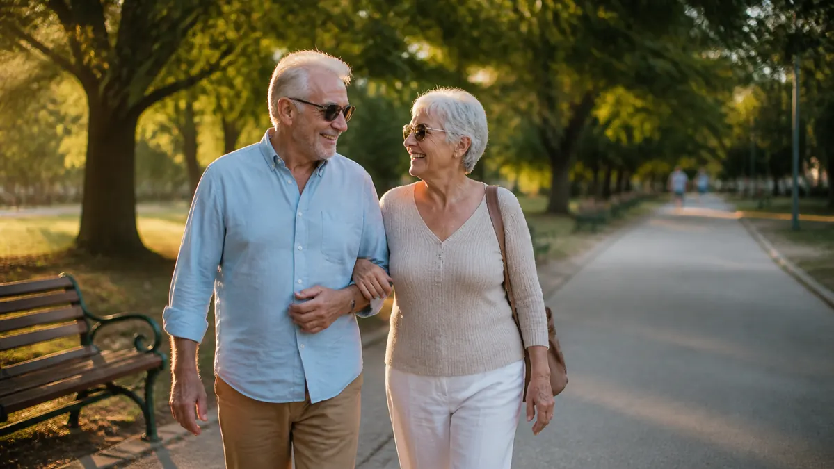 An older couple holding hands on a quiet park path, one wearing a knee sleeve visible beneath their pants