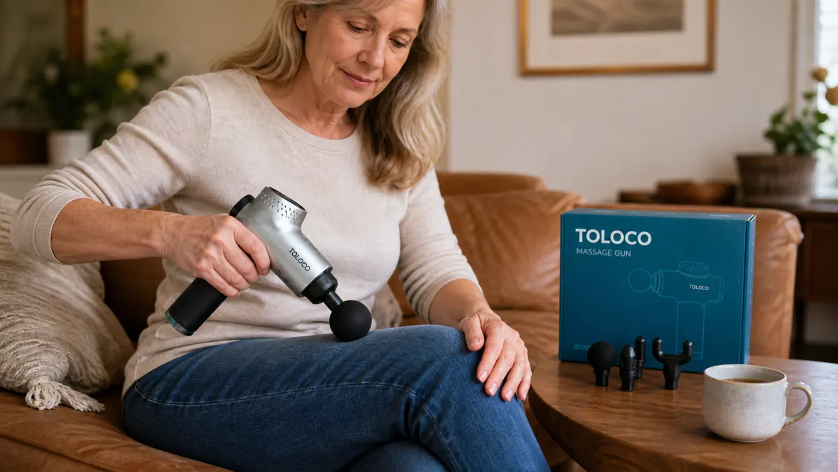 Close view of a silver handheld percussion massager with several round attachment heads laid out on a coffee table beside a cup of tea