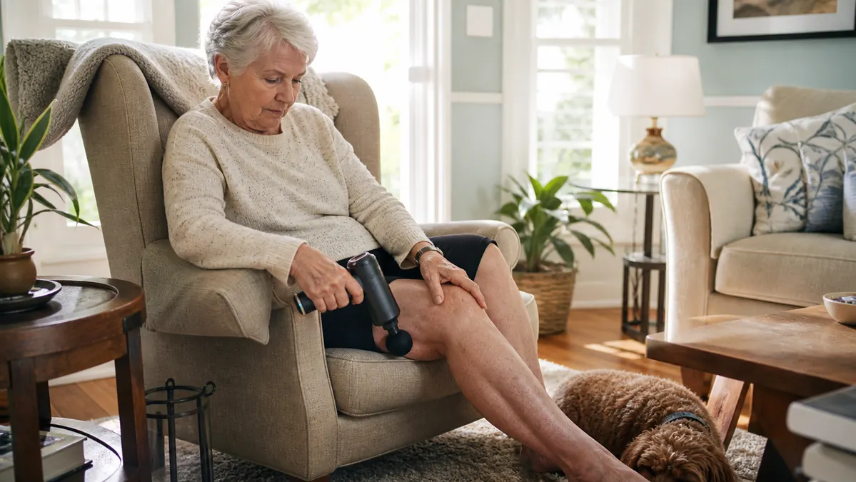 An older woman sitting in a cushioned chair using a small massage gun on her own calf, her dog resting beside her