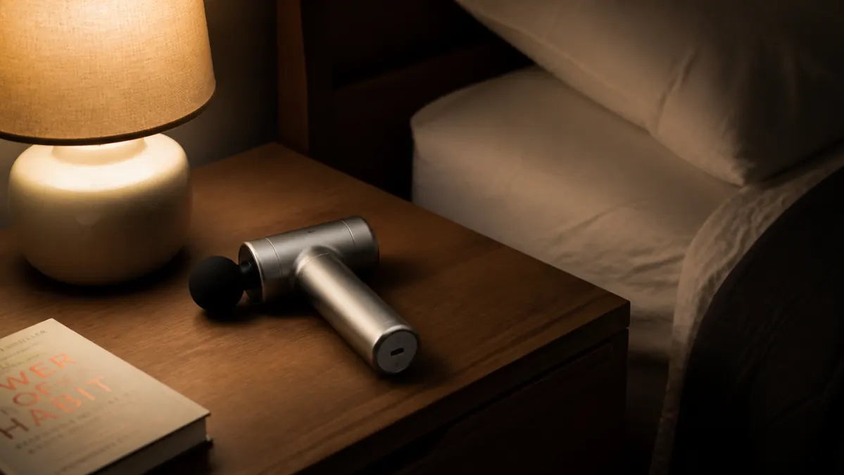 The massage gun resting on a bedside table at night with a dim lamp, suggesting a quiet end of day routine