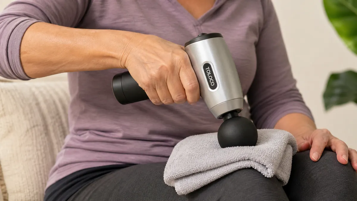 A close view of a hand resting a silver percussion massager with a round ball attachment on top of a folded towel on a thigh