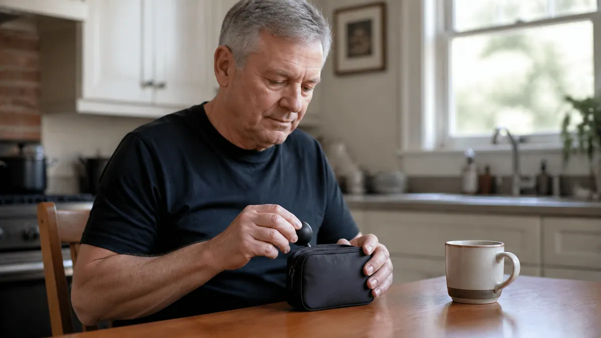 An older man sitting on a kitchen chair placing a massage gun attachment back into a storage pouch on the table beside a mug