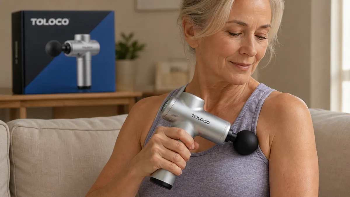 Close up of a hand holding a silver percussion massage gun with an interchangeable round head attached