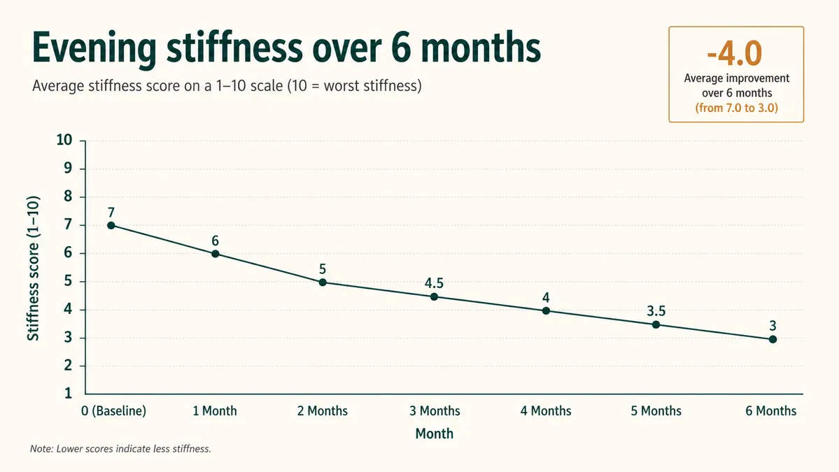 A simple chart showing how evening stiffness eased from month one to month six on a 1 to 10 scale