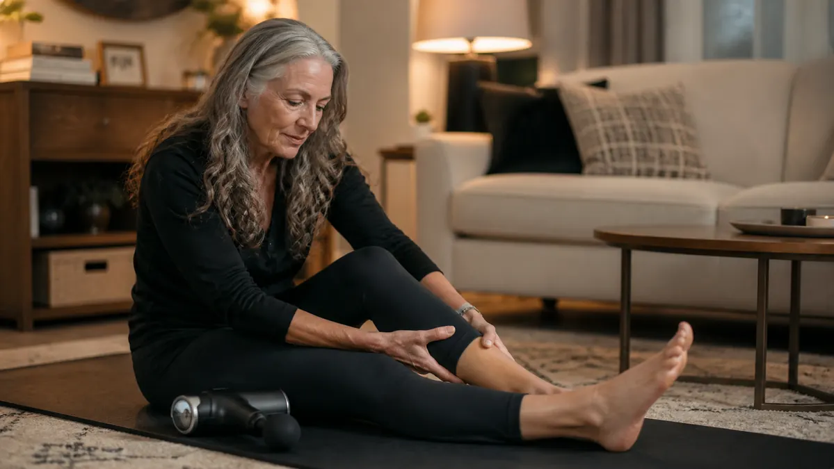 A woman stretching her calf with a gentle smile on a living room mat, a massage gun resting nearby