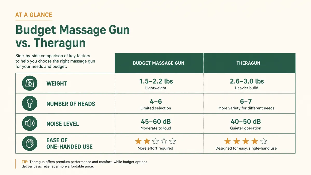 A simple comparison chart titled Massage Gun vs Theragun listing weight, heads included, and noise level with checkmarks