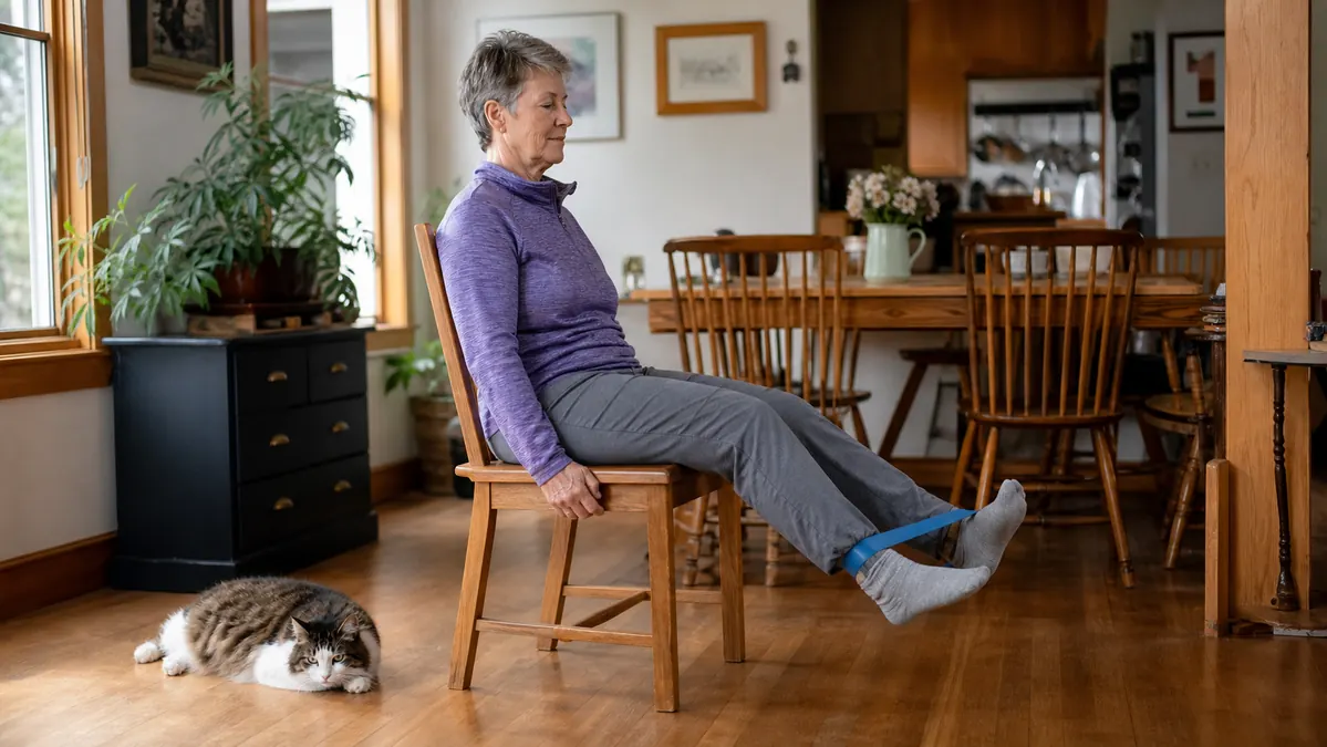 An older woman in a dining chair doing a seated leg extension with a green resistance band looped around both ankles, a cat resting on the floor nearby