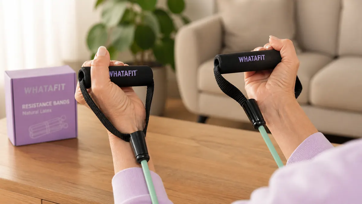 Close up of an older person's hands gripping the foam handles of a resistance band with the rubber tubing clearly visible