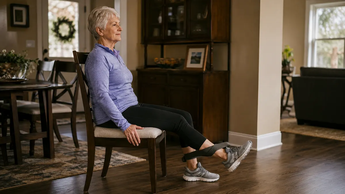 An older man seated in a dining chair doing a seated leg extension with a resistance band looped around his ankles, smiling