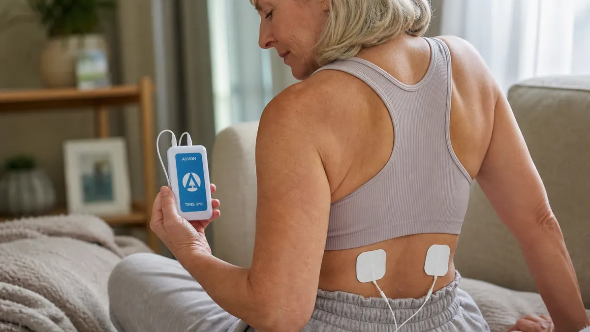 A close view of a hand holding a small rectangular unit while thin wired pads are placed on a lower back area