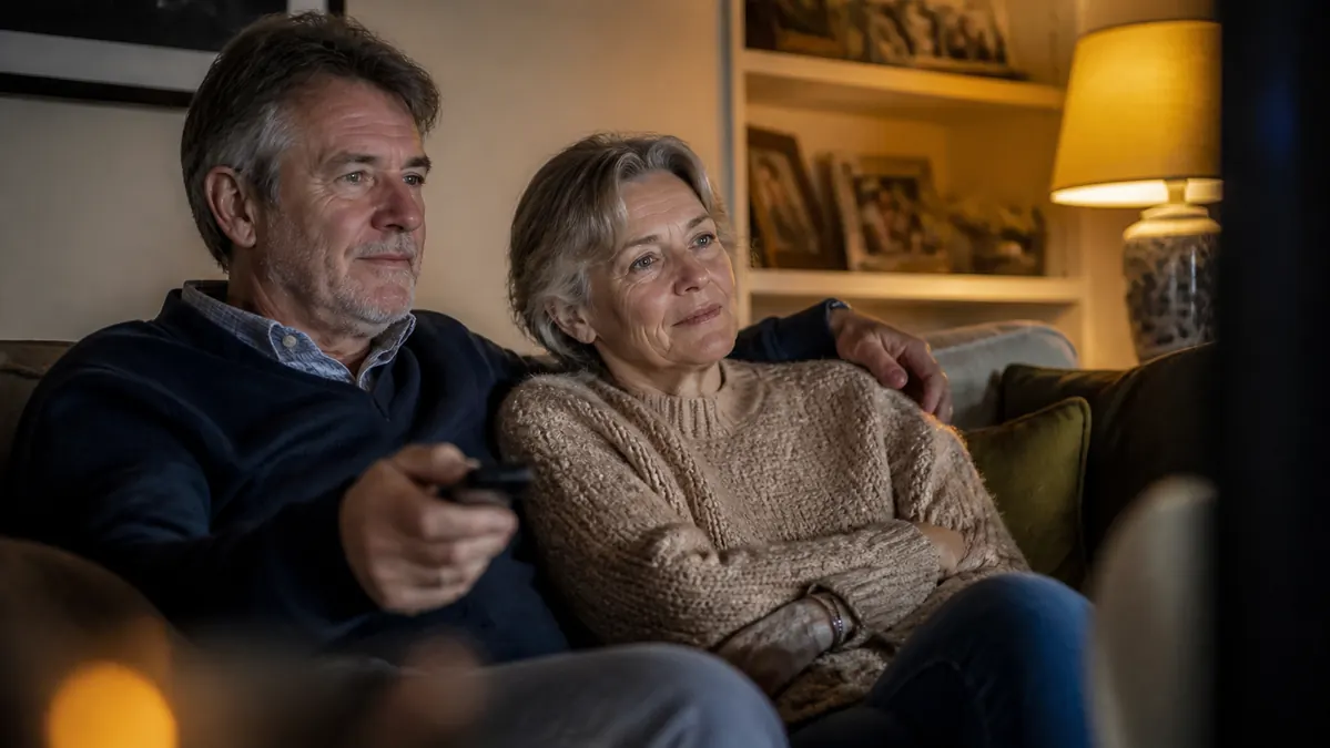 An older couple sitting together on a sofa in the evening, watching television, one person relaxed and smiling