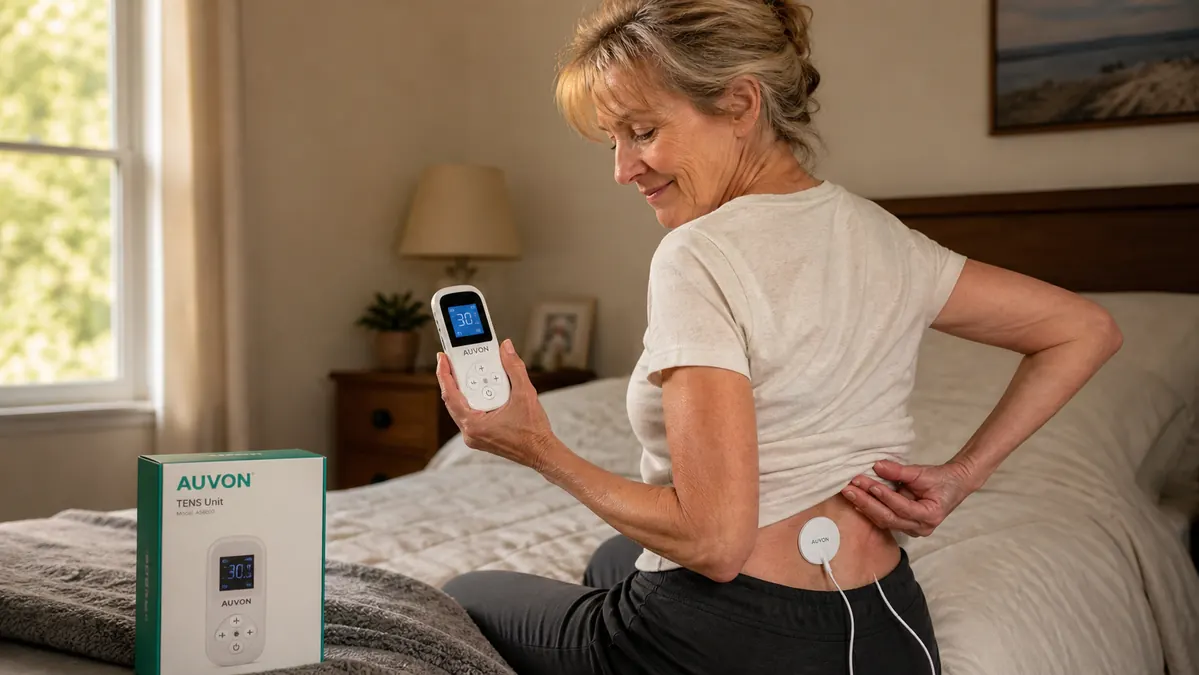 An older woman's hand placing a round gel electrode pad on her lower back, the other pad clipped to the lead wire