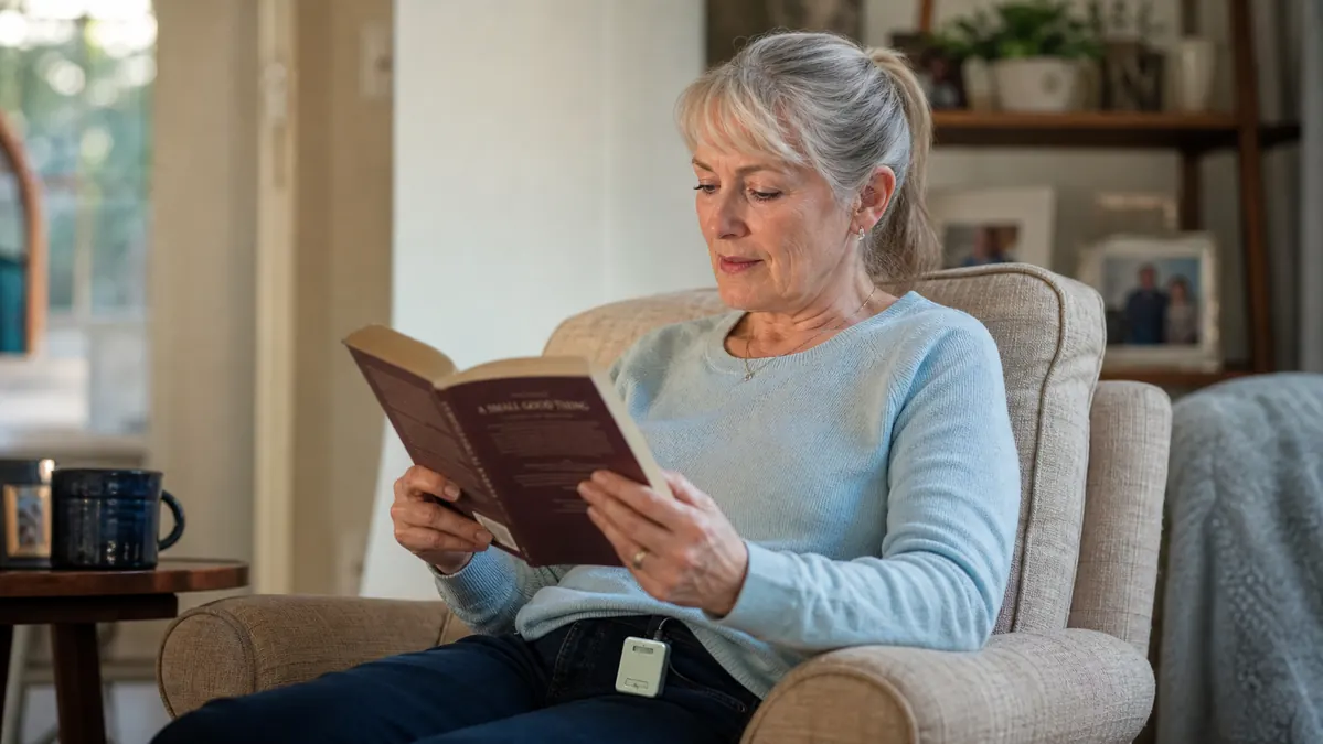An older woman seated in a living room armchair looking relaxed, the small TENS unit clipped to her waistband while she reads