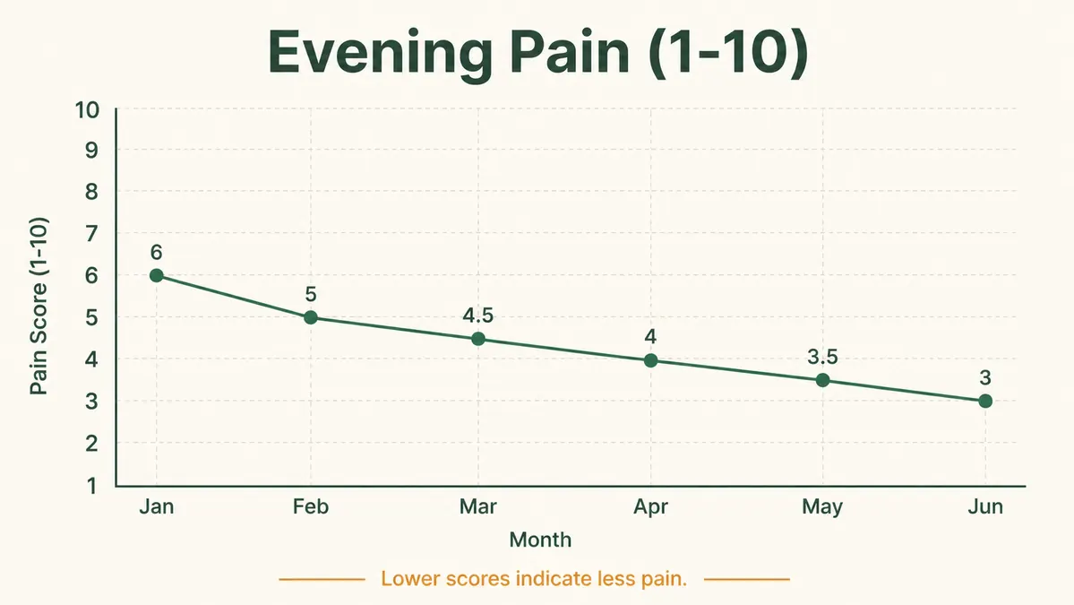 A simple line chart titled 'Evening Pain, Self-Reported on a 1 to 10 Scale' with a gently falling line across six months, from about a 6 down to a 3