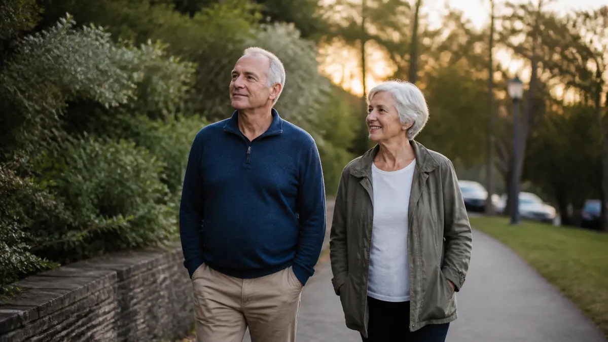 An older couple slowly walking together along a paved path in a neighborhood park in the evening, the man swinging a small mesh bag, relaxed and comfortable