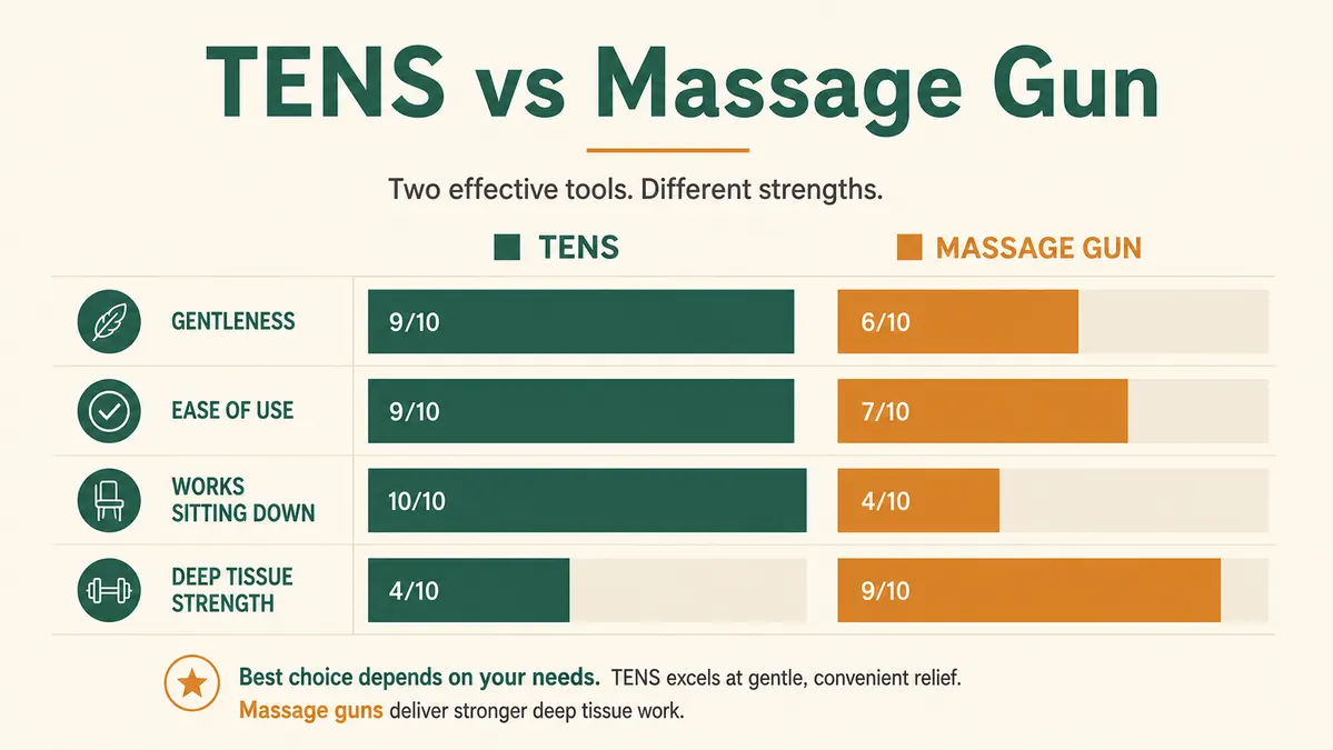 A simple chart comparing a TENS unit and a massage gun across several comfort and use factors