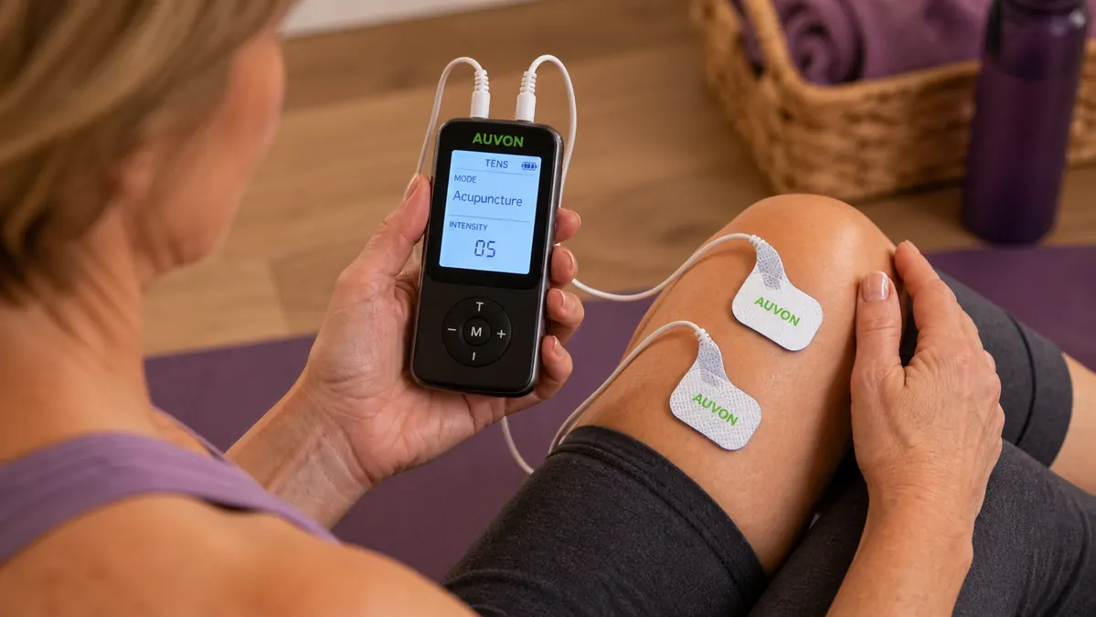 A close view of a small TENS unit screen showing a mode number and a level dial with pads attached by slim wires